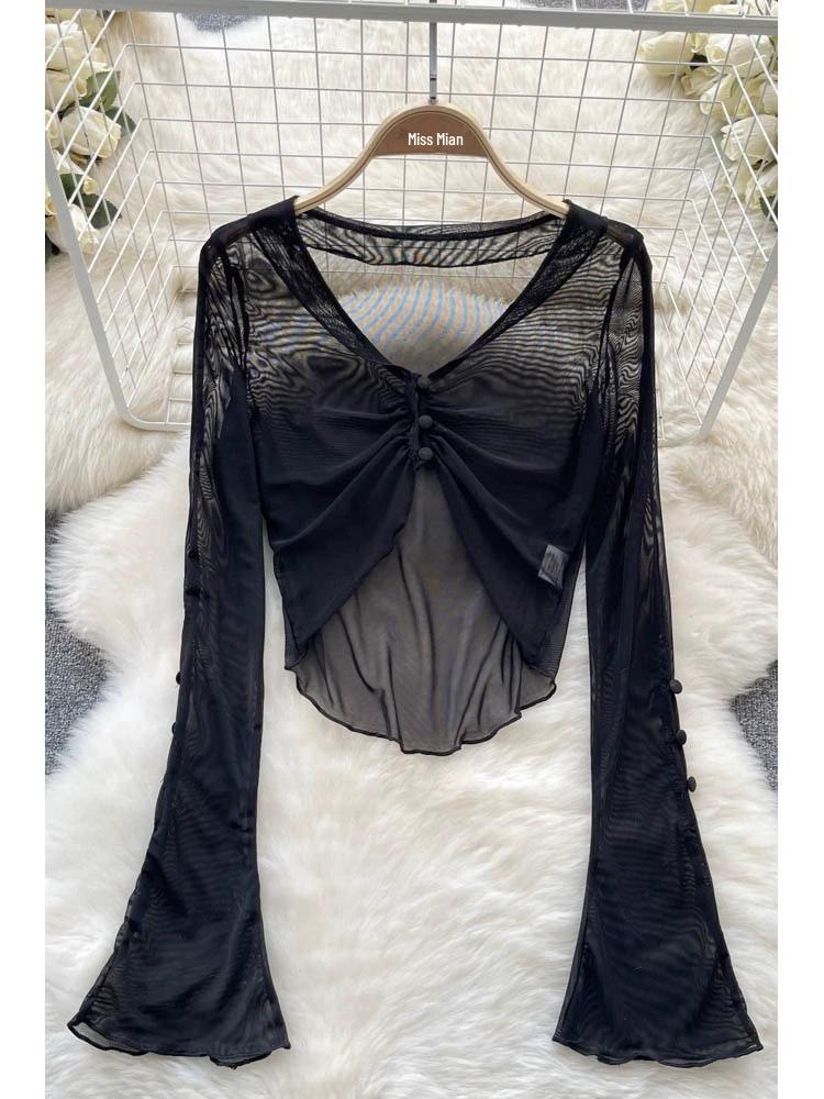Summer Spicy Sheer Mesh Long Sleeve Cropped Top - Petite Women's Unique Design