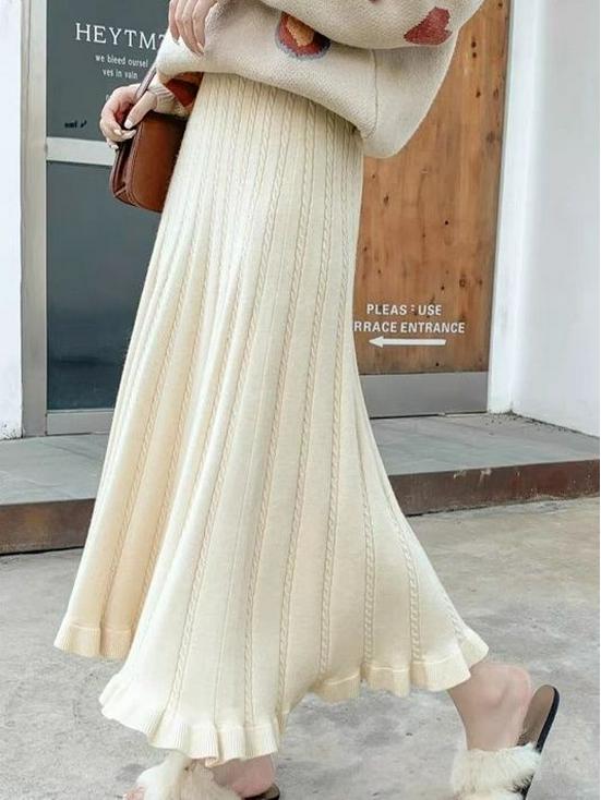 High-Waisted Long Knit Midi Skirt with Inner Layer - Winter & Autumn Style