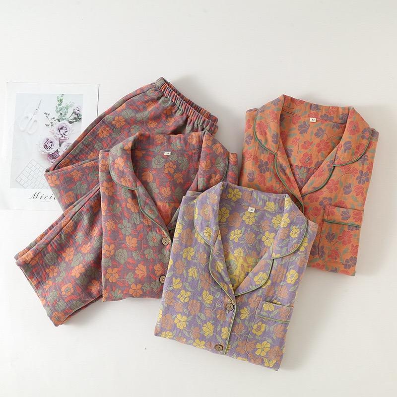 Cotton Winter Women Pajamas Long Sleeved Pants Women's Pajamas Suit Two Piece Set Home Clothes Flower Jacquard Sleepwear