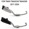TMAX Carbon Fiber Laser-Etched Stainless Steel Front Pipe for 17-24 Year Motorcycle Exhaust Modification.