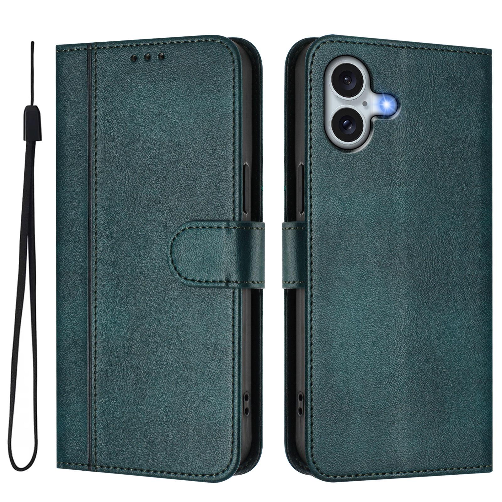 

For iPhone 16 Plus Cases Wallet Stand Retro Texture Leather Phone Cover with Lanyard Dark Green