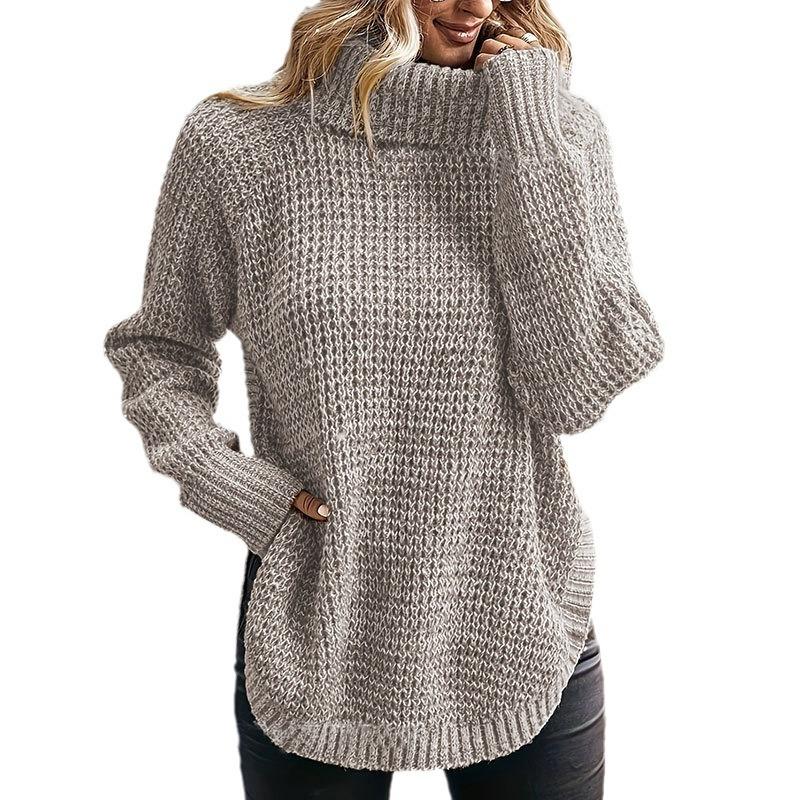 Women's Sweater Turtle Collar Slit Pullover Long Sleeve Sweater