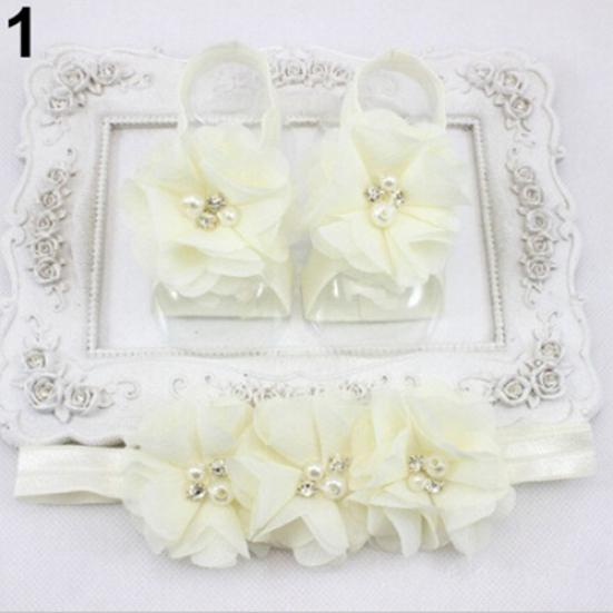 Cute Newborn Baby Infant Girl Rose Flower Headband + Barefoot Ring Sandals Shoes
