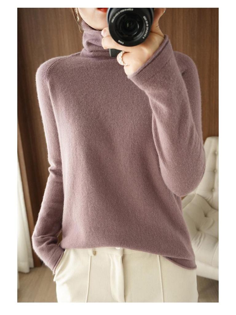 Women's High Neck Knit Sweater: Long Sleeve, Solid Color, Loose Fit, Stylish Autumn/Winter Base Layer