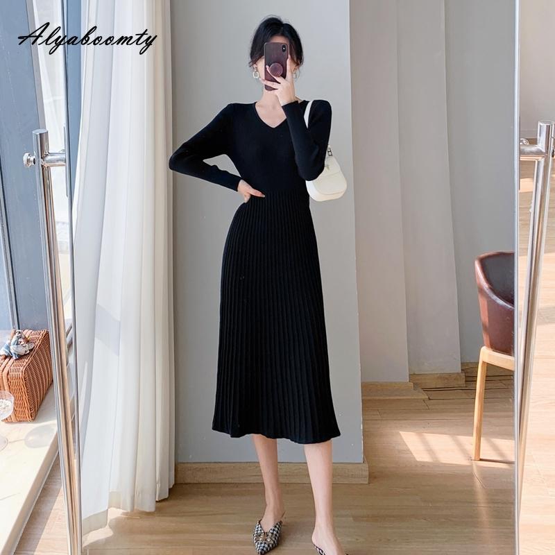Vestido de punto estilo coreano para mujer, vestido de corte A, cuello en V, negro, beige, caqui, vestido de punto, manga larga, elegante, moda, cálido, otoño e invierno