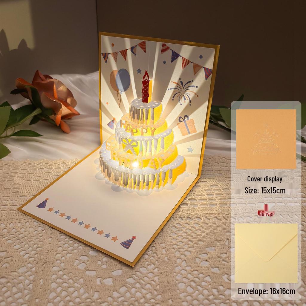 Dźwiękowa kartka urodzinowa 3D Pop-Up ze światłem do nagrywania - Wzór tortu na prezent dla chłopaka/dziewczyny