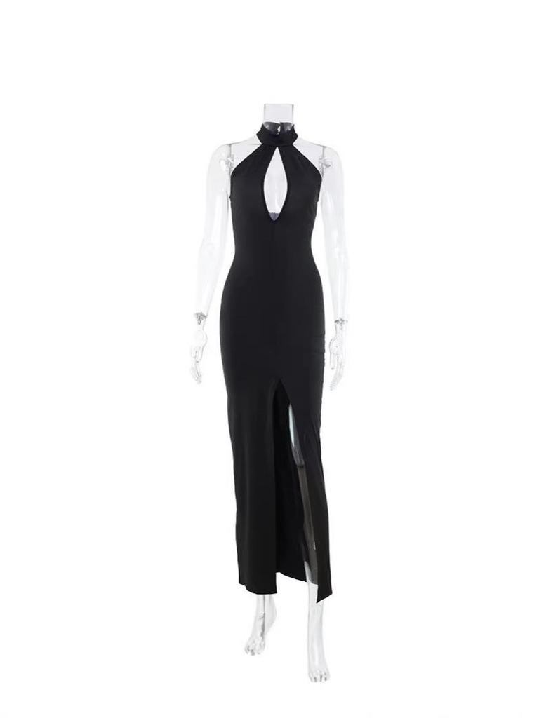 2026 Halter Neck Hollow Out Sleeveless Split Hem Elegant Long Dress