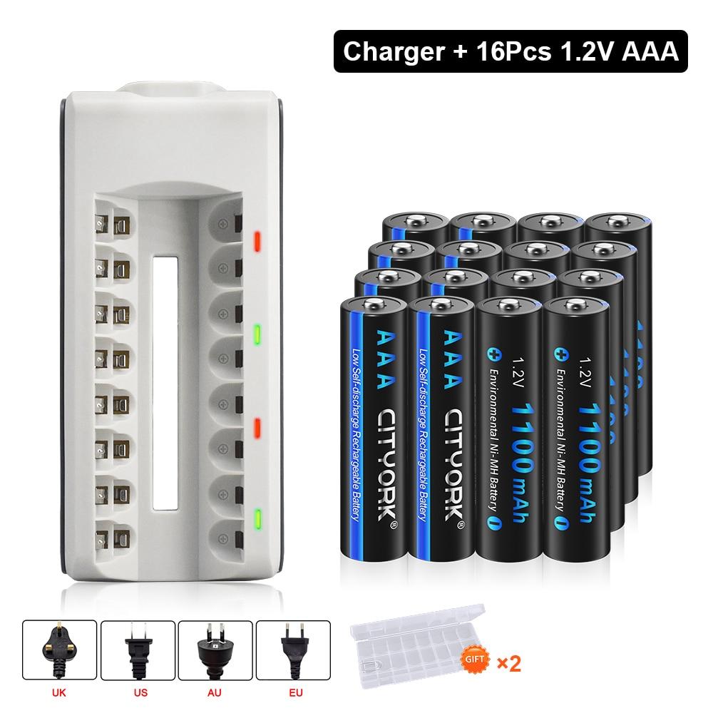 Cityork 1,2 V AAA wiederaufladbare Batterie NI-MH 1100 mAh wiederaufladbare 3A-Batterien für LED-Taschenlampen-Spielzeugauto + 8 Steckplätze Ladegerät