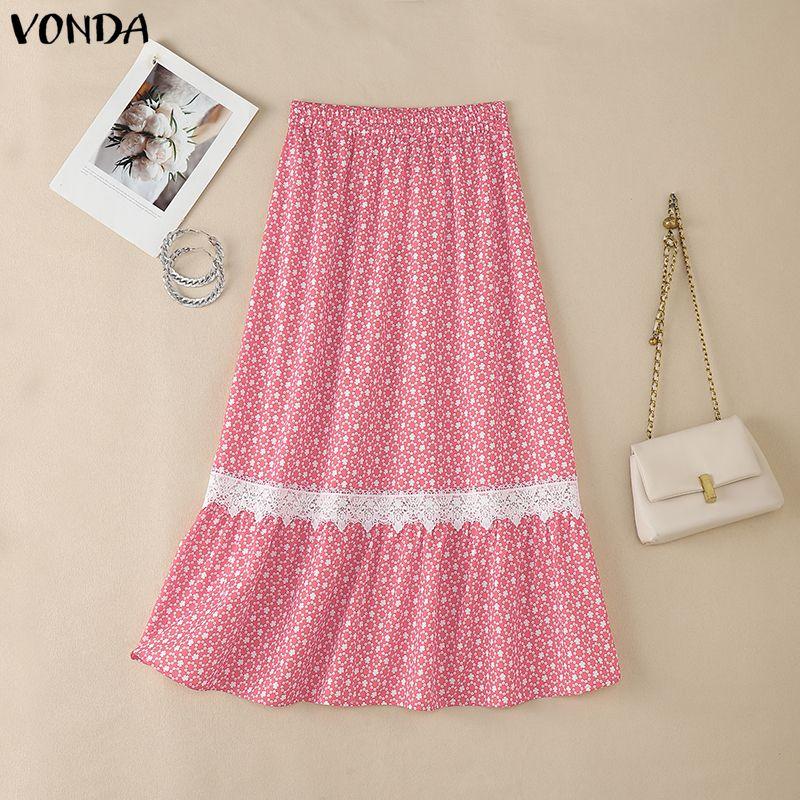 VONDA Women Elastic Waist Front Lace Hem Floral Print Casual A-Line Pleated Swing Skirts