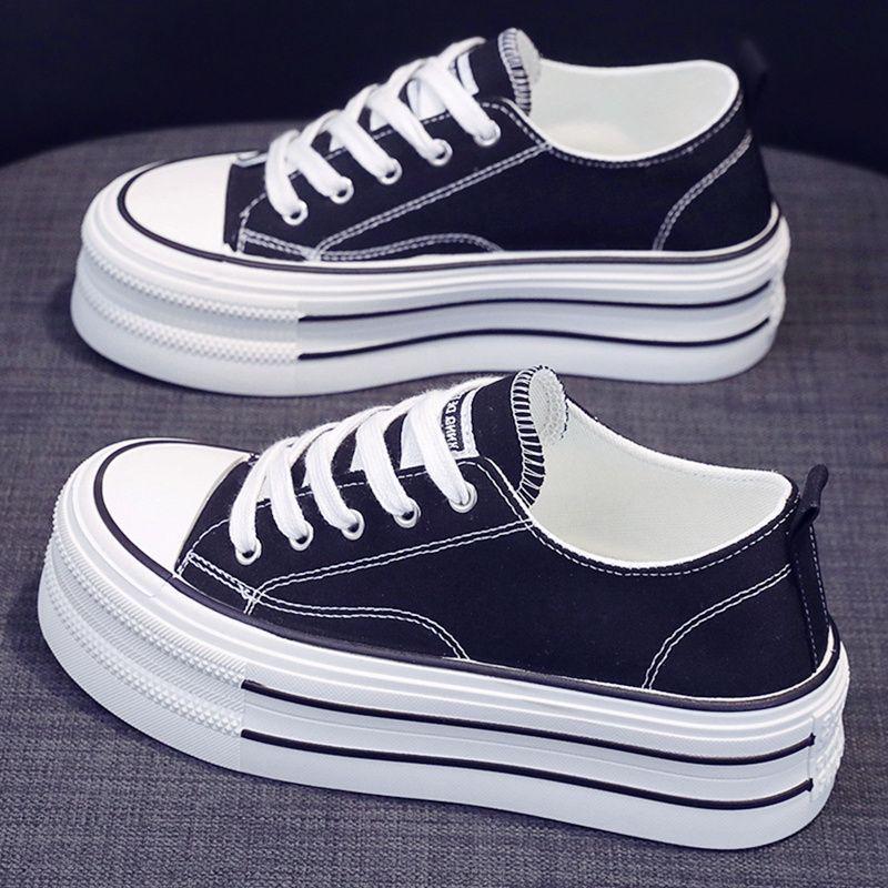 

Женские белые парусиновые кеды - Дышащие, Нескользящие, Универсальная осенняя обувь на толстой подошве, увеличивающей рост 35 чёрный