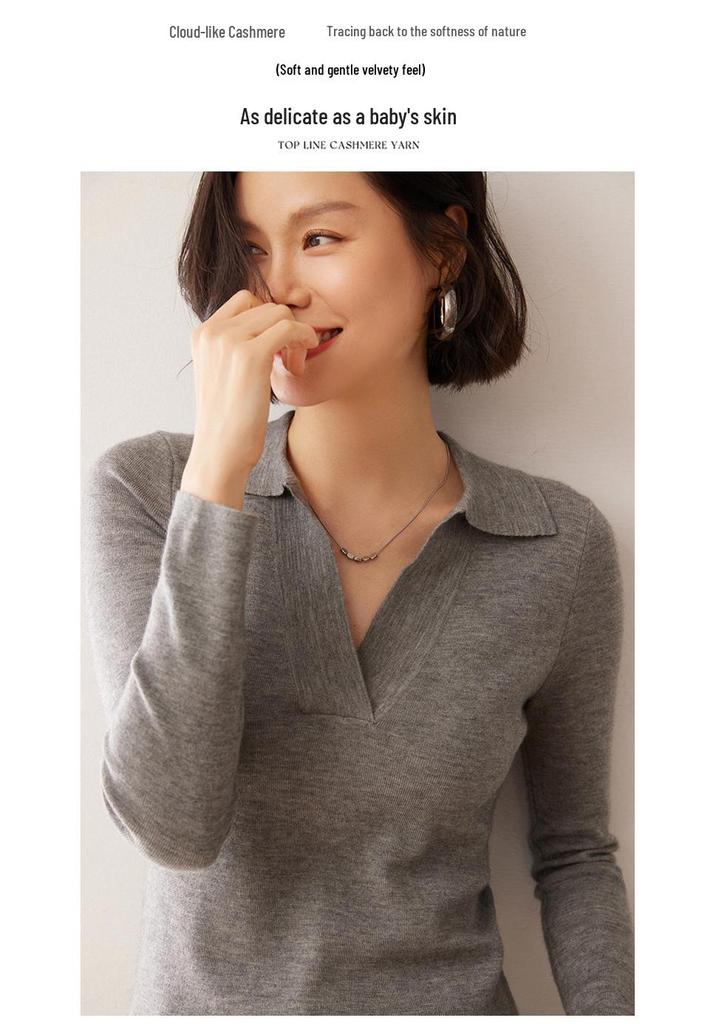 Women's Loose Cashmere Polo Neck Sweater - Autumn/Winter Long Sleeve Knit Pullover