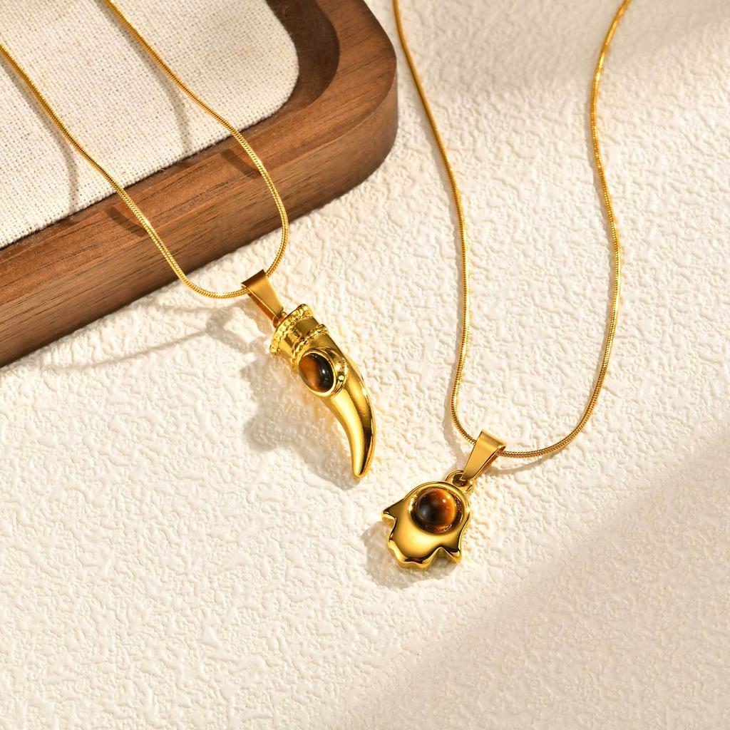 Damen Trendschmuck, Naturstein Edelstahl Fatima Hand Tigerauge Anhänger Halskette