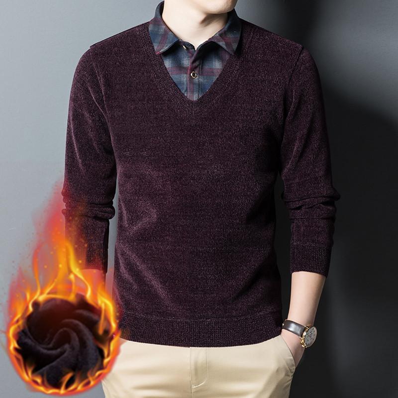 Winter Thick Chenille Fake Two Piece Shirt Sweater For Men Middle Aged