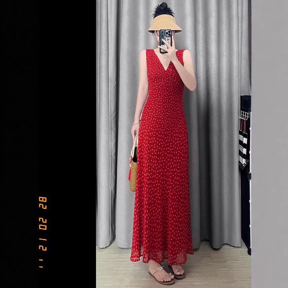New Pure Desire Red Straps Suspender Floral Dress Women's Waist and Thin Temperament Dress