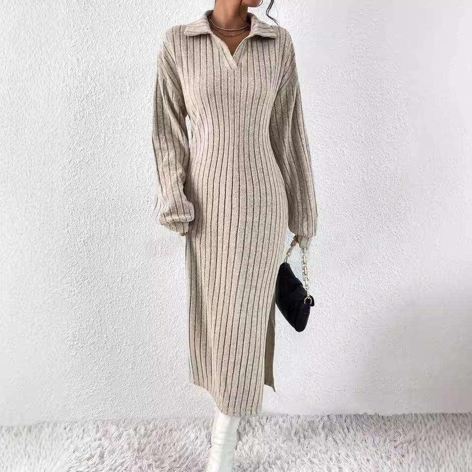 Rochie de damă cu mânecă lungă, culoare solidă, cu umeri și crăpături, toamnă și iarnă