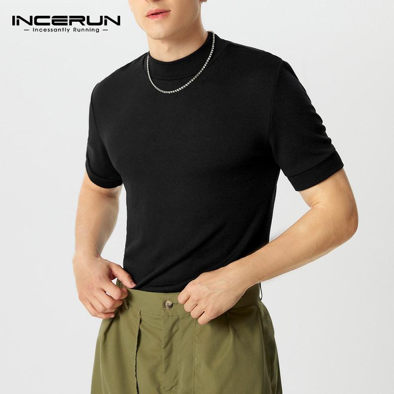 INCERUN Men High Neck Short Sleeve Fitted Casual Undershirts T-shirts Tops