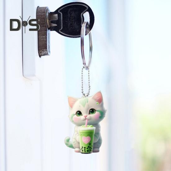 Mléčný čaj Kočka závěsná dekorace s korálkovým řetízkem Oboustranný akrylový 2D kreslený koťátko Cartoon přívěsek zpětné zrcátko