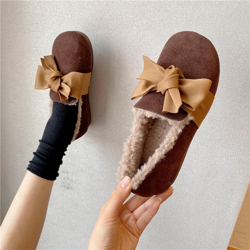 Fashion Nubuck Cow Leather Flats Woman Silk Bow-knot Furry Loafers Ladies Plush Winter Shoes Plus Size 35-42 Genuine Leather Moccasins