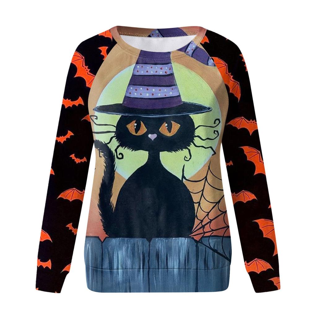 Women's Casual Fashion Halloween Print Long Sleeve Pullover T-shirt Top