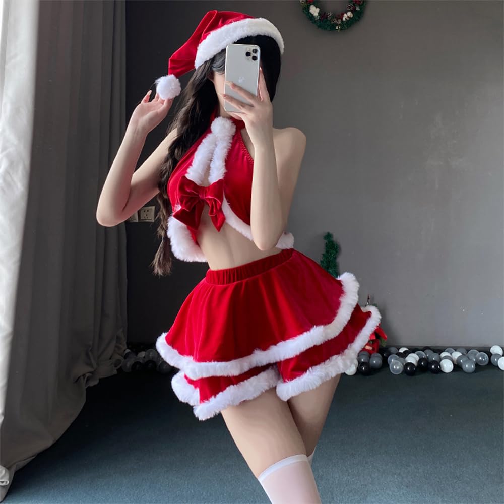 Christmas Costume Santa Sexy Erotic Lingerie Babydoll for Women Chest Opening Bow Tie Erotic Extreme Disguise Sleeveless Costume Outfit Cute Moe