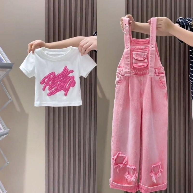 Adorable Girls Summer Outfits Loose Fit Denim Suspenders Set With Colorful T-shirt