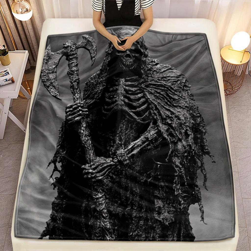 Grim Reaper Skeleton Dark Fantasy Fleece Blanket Horror Theme Soft Warm Throw Blanket for Halloween Fans Bedroom Decor Gift