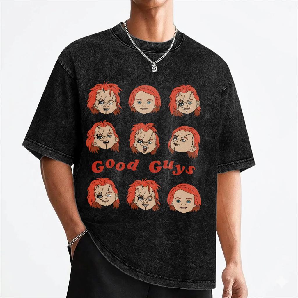 Horror Movie Chuckys T Shirt Washed Short Sleeve High Street T-Shirts Halloween Vintage Men Women Streetwear Tee Shirt
