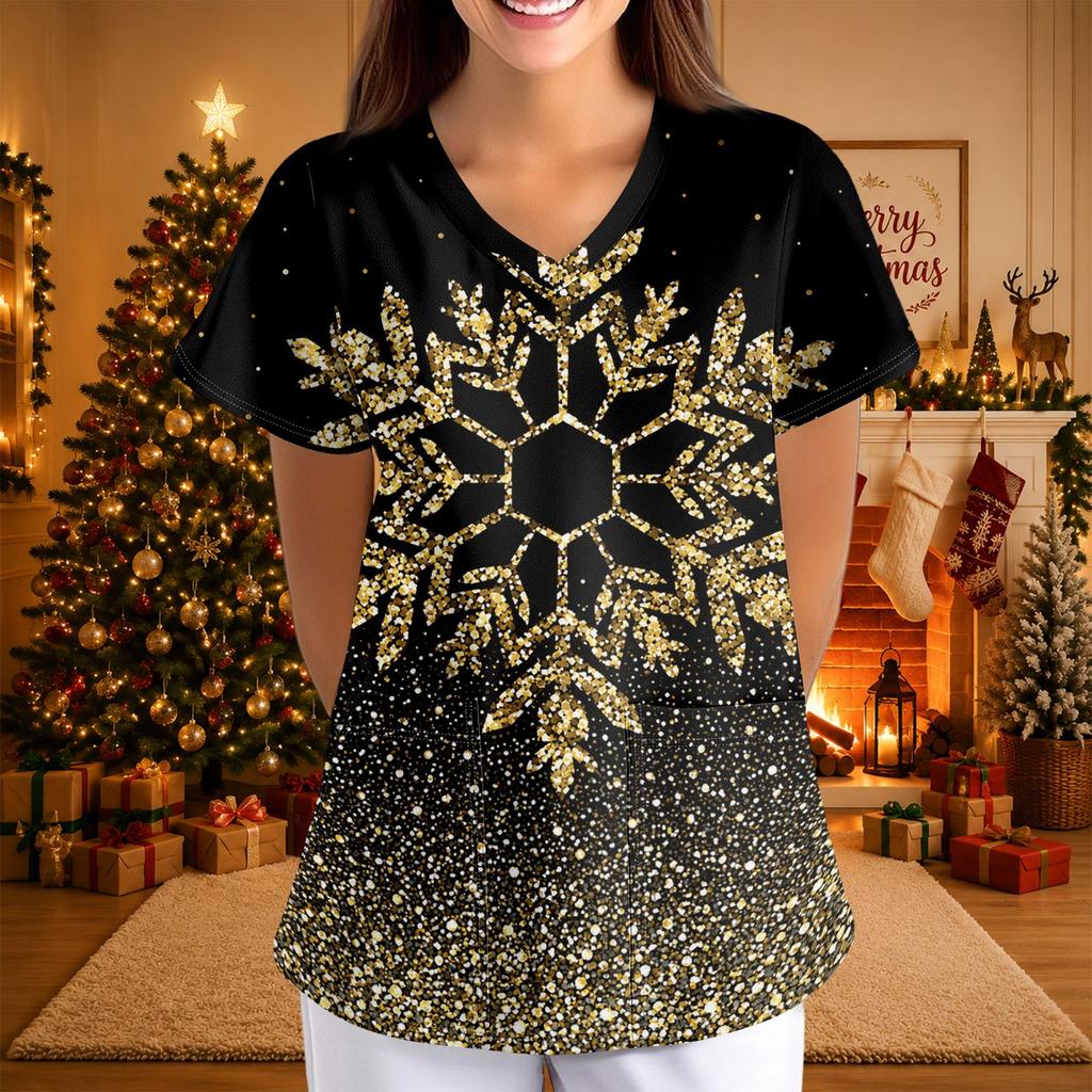 Women's Casual 3/4 Sleeve Neck Top with Christmas Print