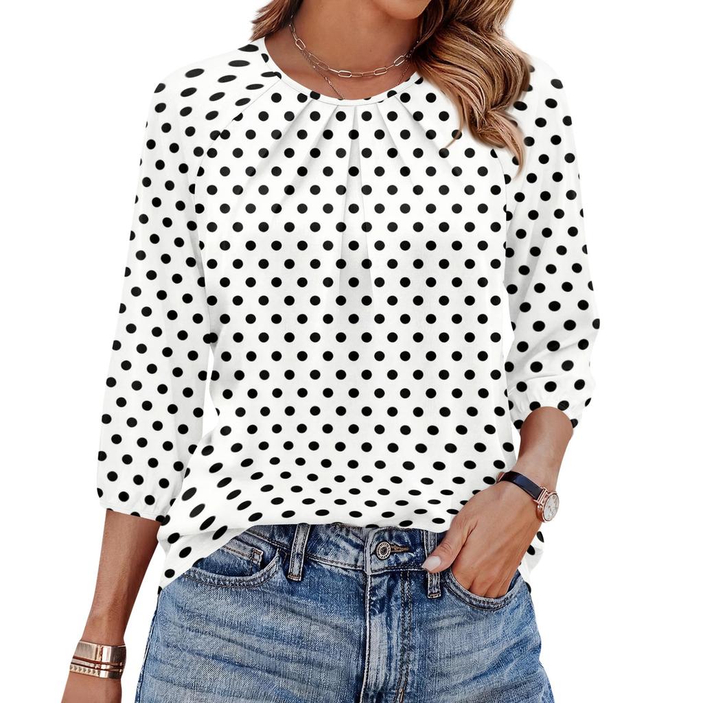 Women Geometric Print 3/4 Sleeve Round Neck Pleated Casual Loose Fit T-Shirt Top for Daily Wear