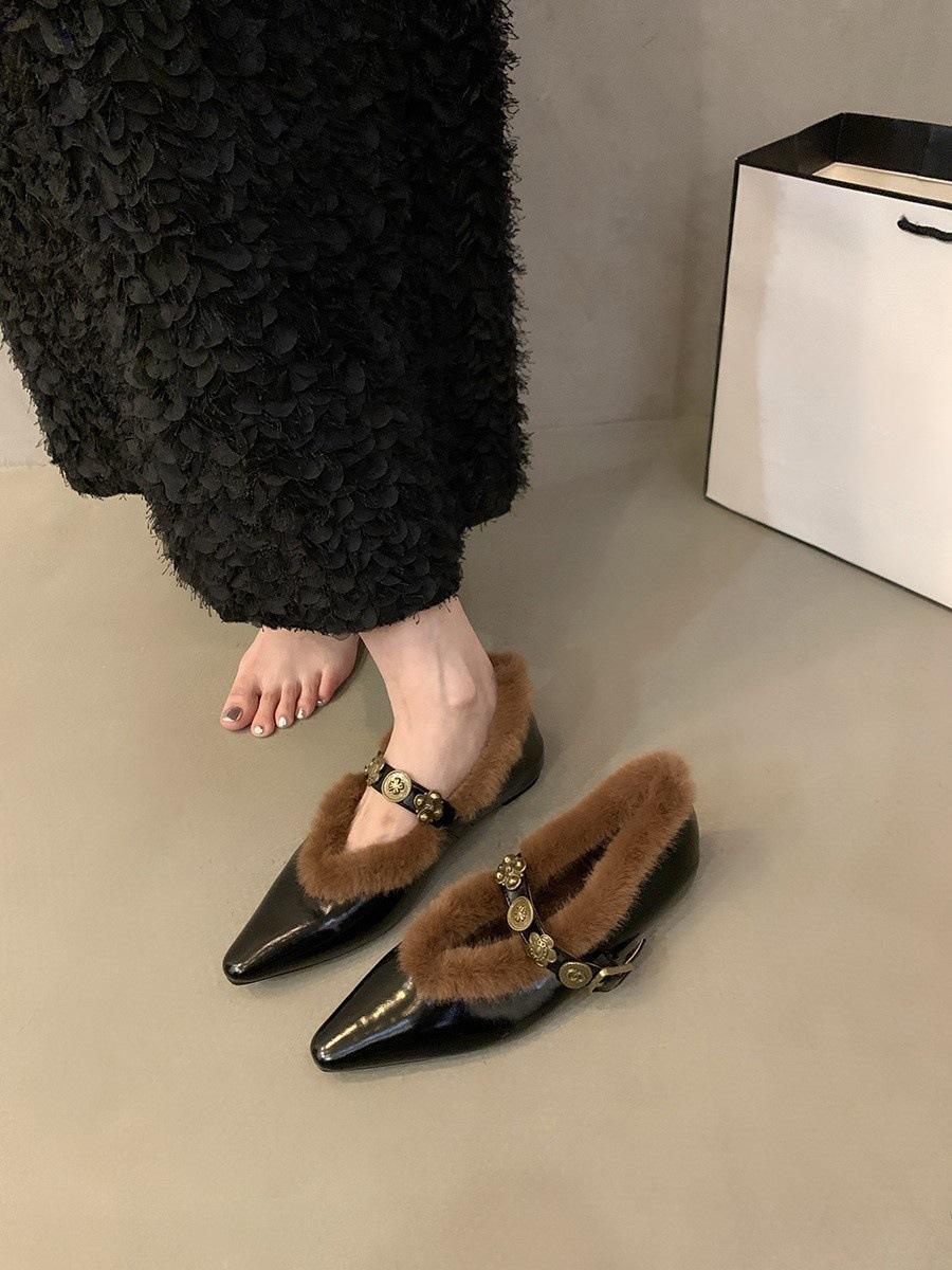 

French inner height increase autumn and winter wool cotton shoes single shoes women s shoes new pointed high-end leopard print Mary Jane evening shoes 35 чёрный