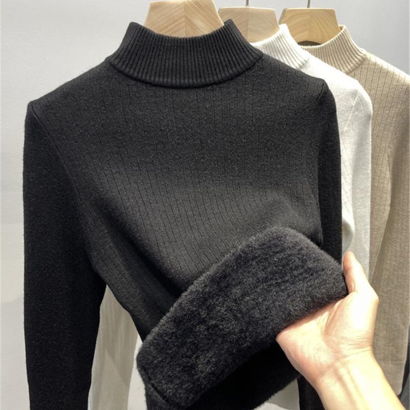 Pulover cald coreean Pulover Femei Iarna Subțire Îngroșare Pluș Căptușit din catifea Tricoturi Jumper Jumătate Gât țesut Poleras Topuri din tricot moale