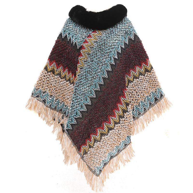 Color Ethnic Style Pullover Cape Women's Fur Collar Women's Knitted Cape Warm Autumn and Winter Shawl