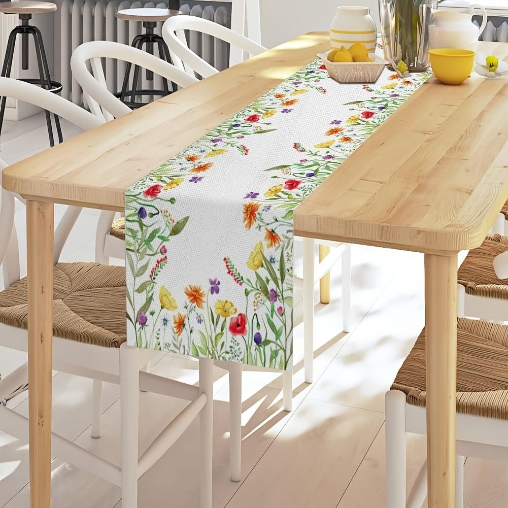 Spring Watercolor Wildflower Linen Table Runner Home Decor Summer Colorful Floral Kitchen Dining Table Runner Wedding Decoration