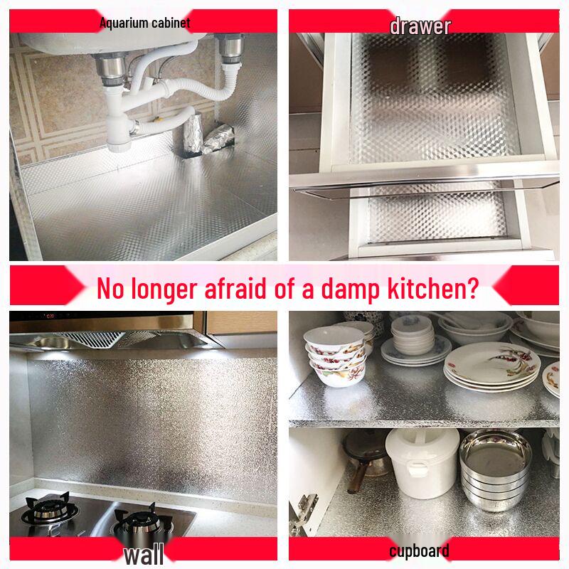 Oil-Proof, Moisture-Resistant, Self-Adhesive Aluminum Foil Stickers for Kitchen, Cupboards, Drawers, Wardrobes, and Shoe Cabinets.