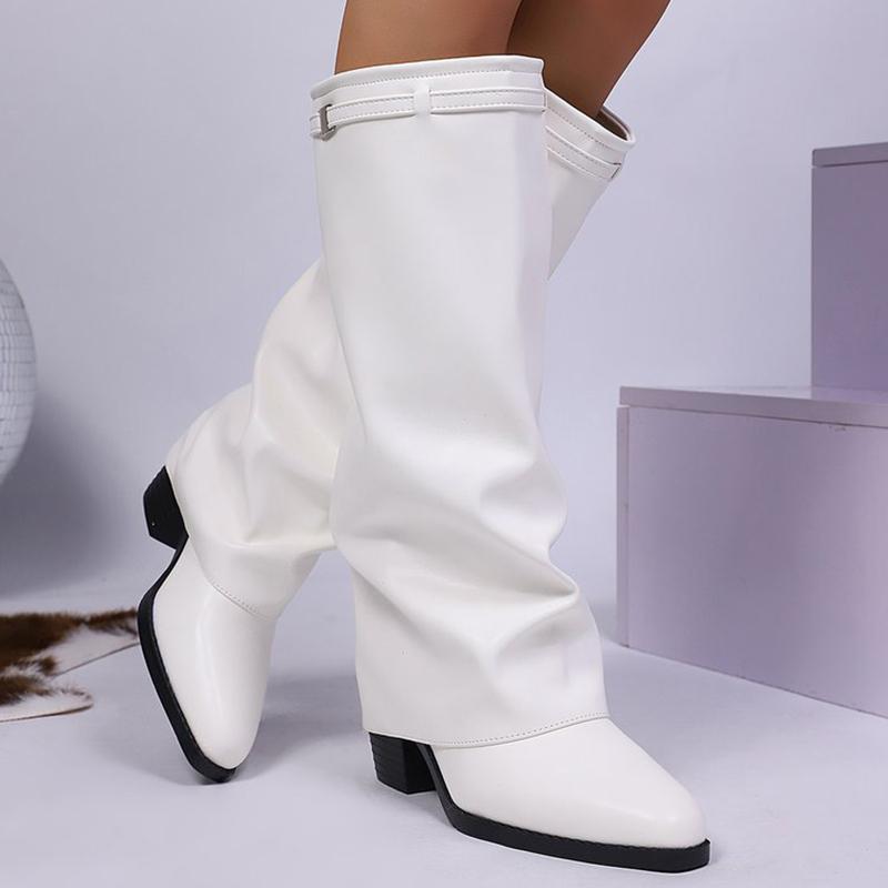 White Chunky Heel Knee Length Boots Women Plus Size 43 Slip On PU Leather Long Botas Mujer 2025 Fall Winter Shark Boots