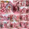 Mocsicka Valentine's Day Photo Backdrop Pink House Tree Balloons Flowers Wallpaper Decorations Wedding Backgrounds Studio Banner
