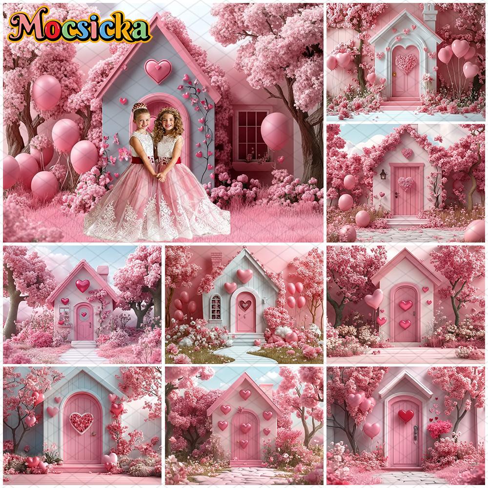 Mocsicka Valentine's Day Photo Backdrop Pink House Tree Balloons Flowers Wallpaper Decorations Wedding Backgrounds Studio Banner