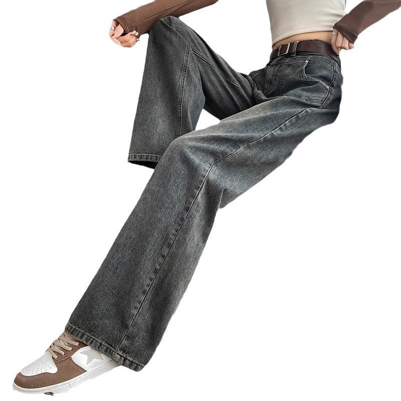 Women's Blue-Gray High-Waisted Wide-Leg Jeans - 2025 Spring Retro Casual Style