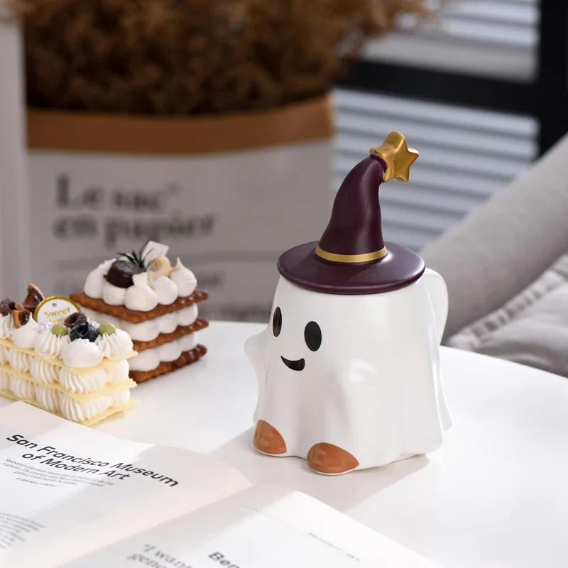 

Милая кружка для воды Ghost, креативная керамическая кружка с крышкой, для офиса, дома, для послеобеденного чая, кофейного набора, подарка на Хэллоуин, Пасху 401-500ml