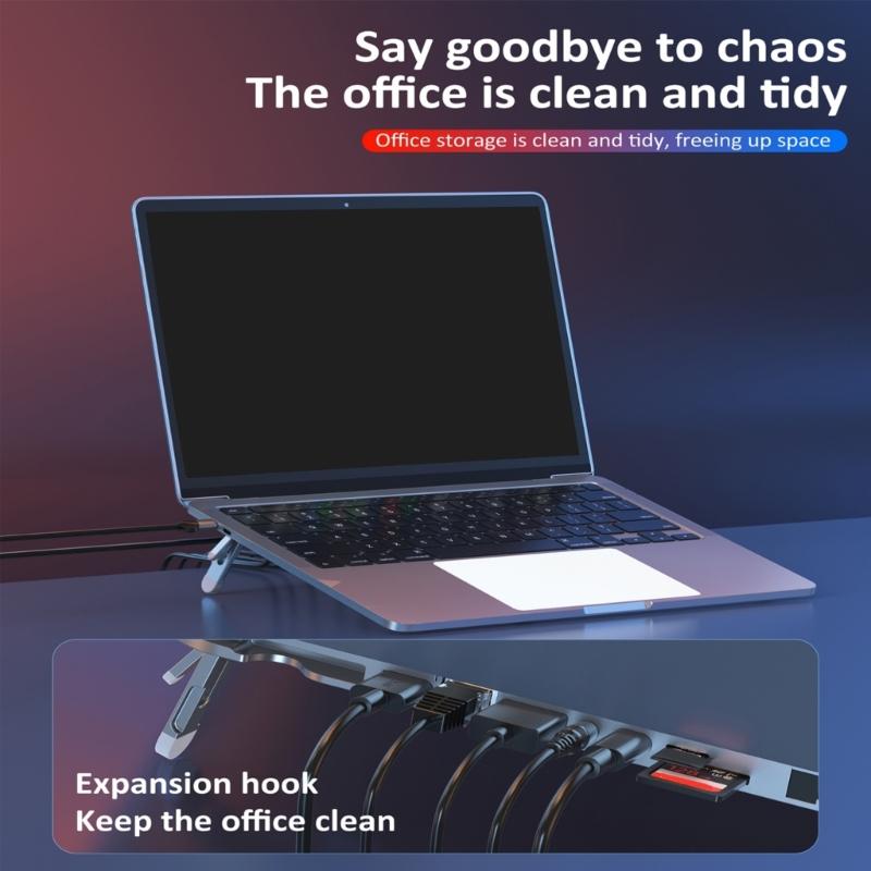 Foldable Aluminum USB C Stand Dock 7 Port Expansion Dock 4K60Hz 100W Charging Ethernet Card Reader For Laptops