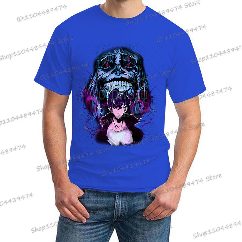 Japanese Anime Solo Leveling T Shirt Men Sung Jinwoo God Statue Cartoon Graphic Tees Harajuku Short Sleeve High Quality Tshirt