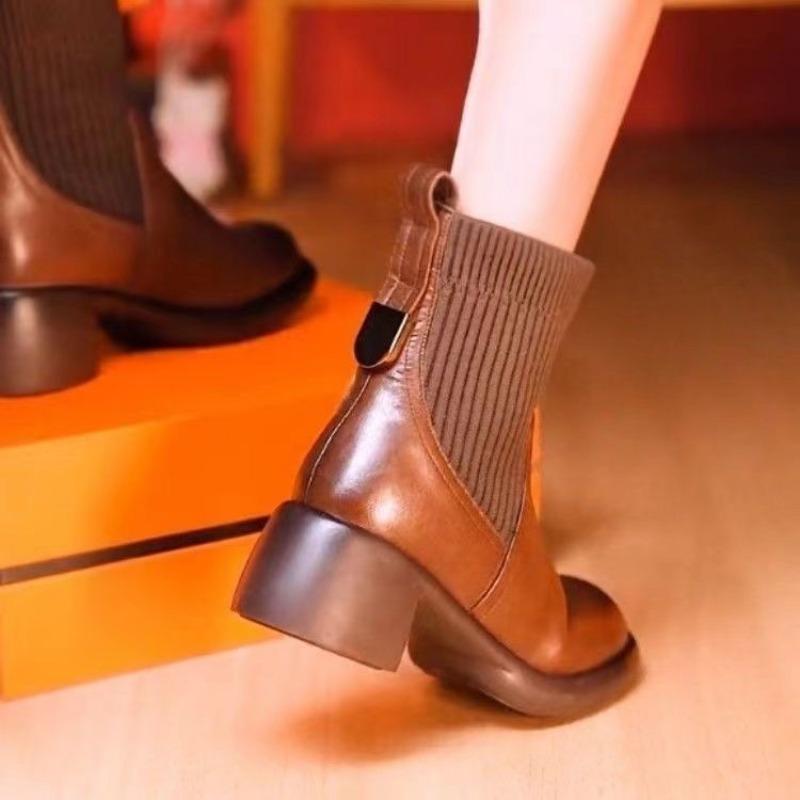 Podzim Zima Nové Módní Kozačky Dámské Retro Britský Styl Ponožkové Kozačky Silný Podpatek Silná Podrážka Teplé Pohodlné Dámské Kotníkové Kozačky