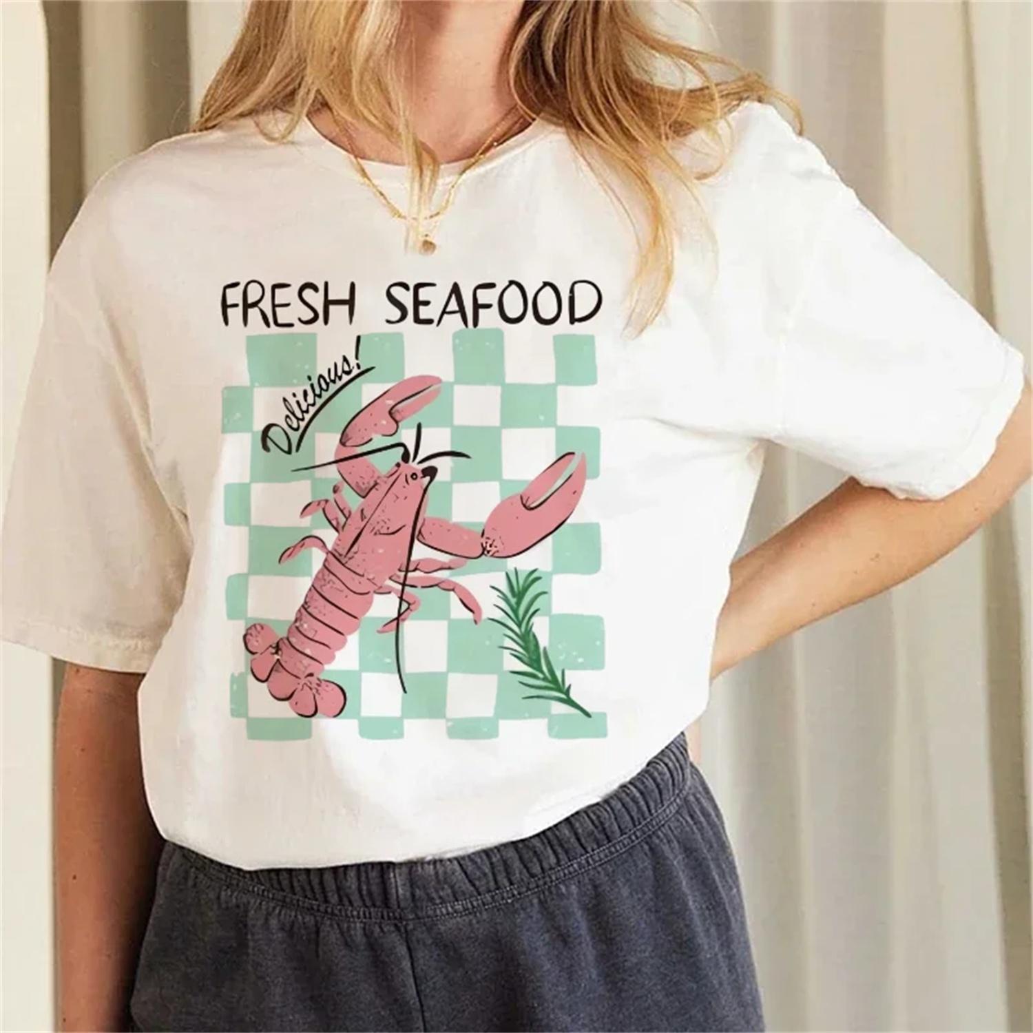 

Cute Ladies New Crayfish Print Summer Harajuku Kawaii Short Sleeved Top Basic Round Neck Women s Fashionable Cartoon T-Shirt XXXXXL білий