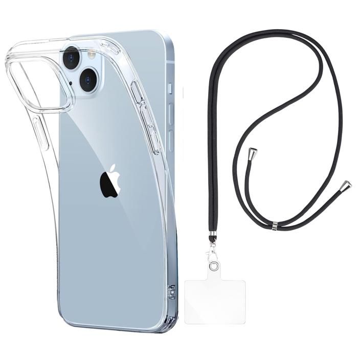 Case and Neck Strap for iPhone 15 - Transparent Soft TPU Adjustable Black Cord Phonillico®