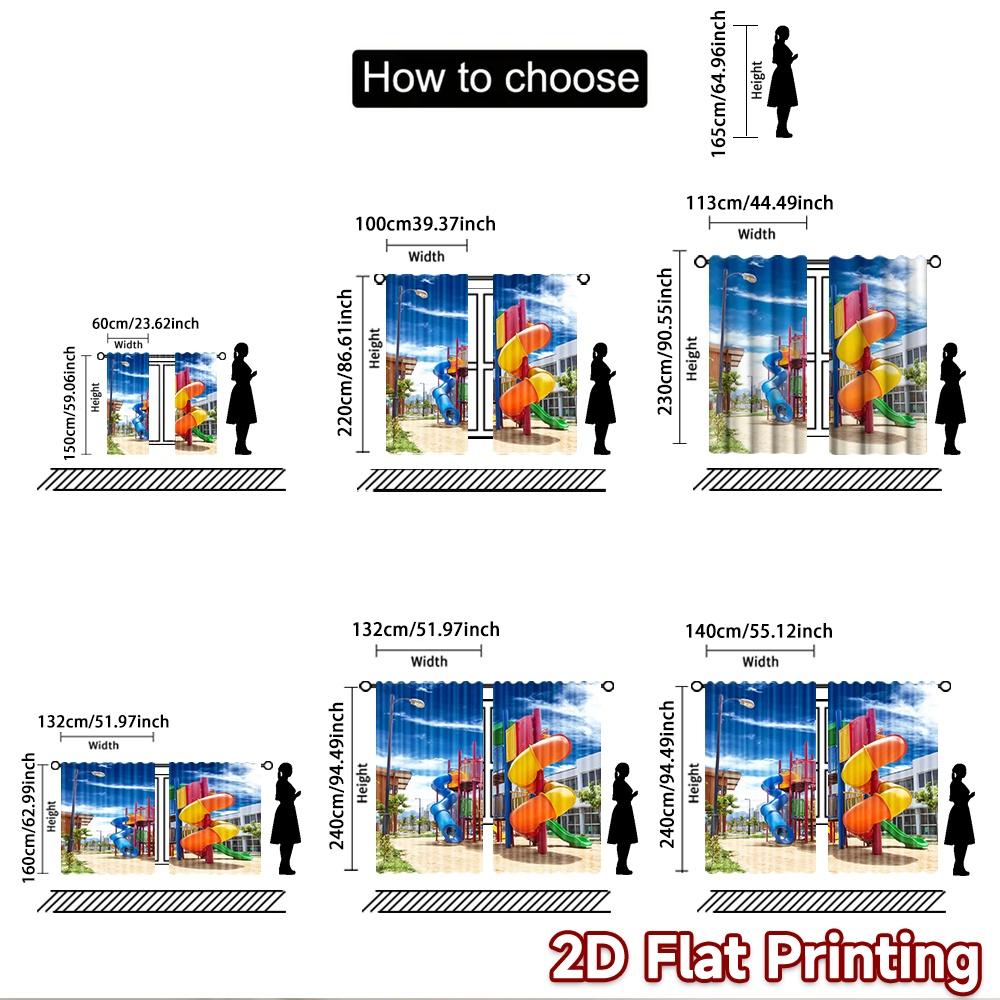 2D flat printing 2pcs Curtain Colorful Playground Slides Sunny Sky Digital Printed Polyester Drapes Festive Wall Decor Use for