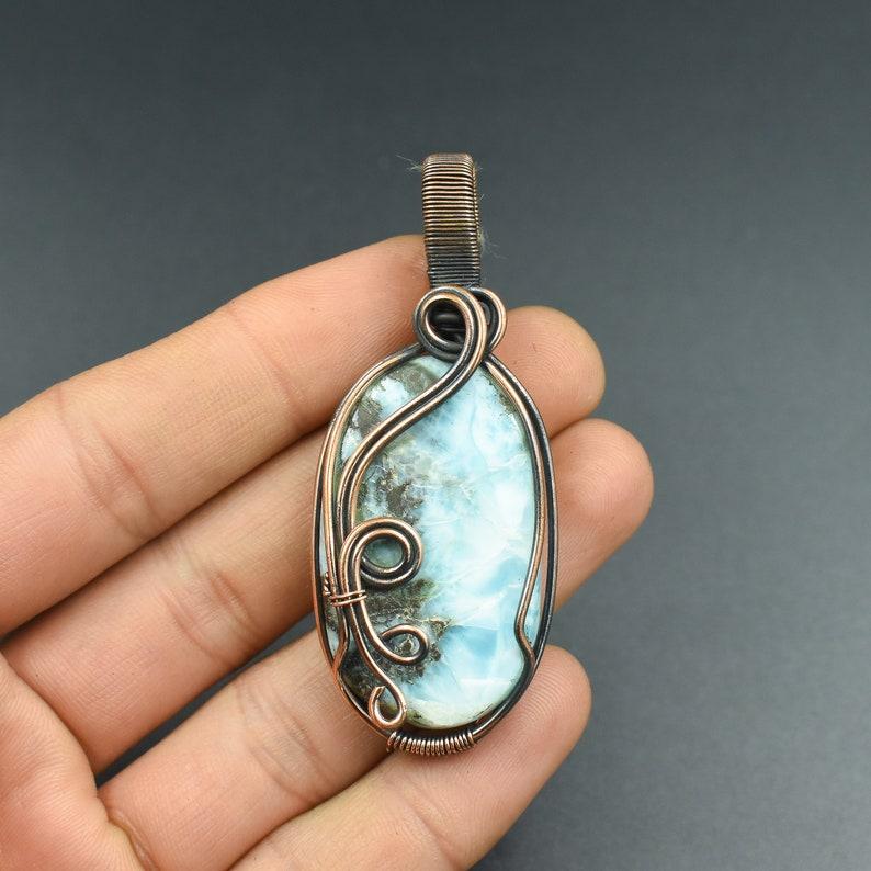 Natural Larimar Gemstone Copper Wire Pendant Copper Wire Wrapped Jewelry Natural Crystal Pendant Copper Jewelry Birthday Gift For Her
