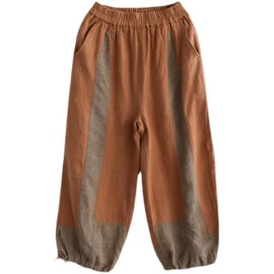 High Quality Cotton and Linen Color Blocked Casual High Waisted Seven Part Harem Pants Lantern Pants