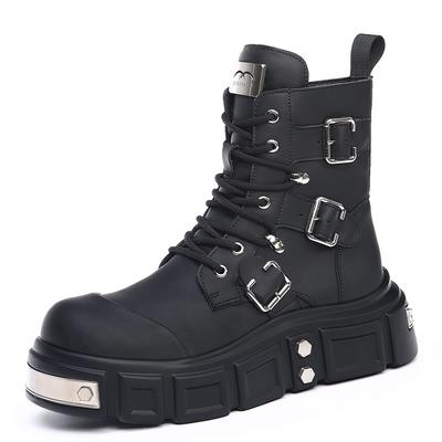 Mode 2025 Retro Schnürstiefel für Herren mit Plateau Modische Lässige Neue Designer Motorradstiefel Männlich Einfarbig Rindsleder Punk Schuhe Mann