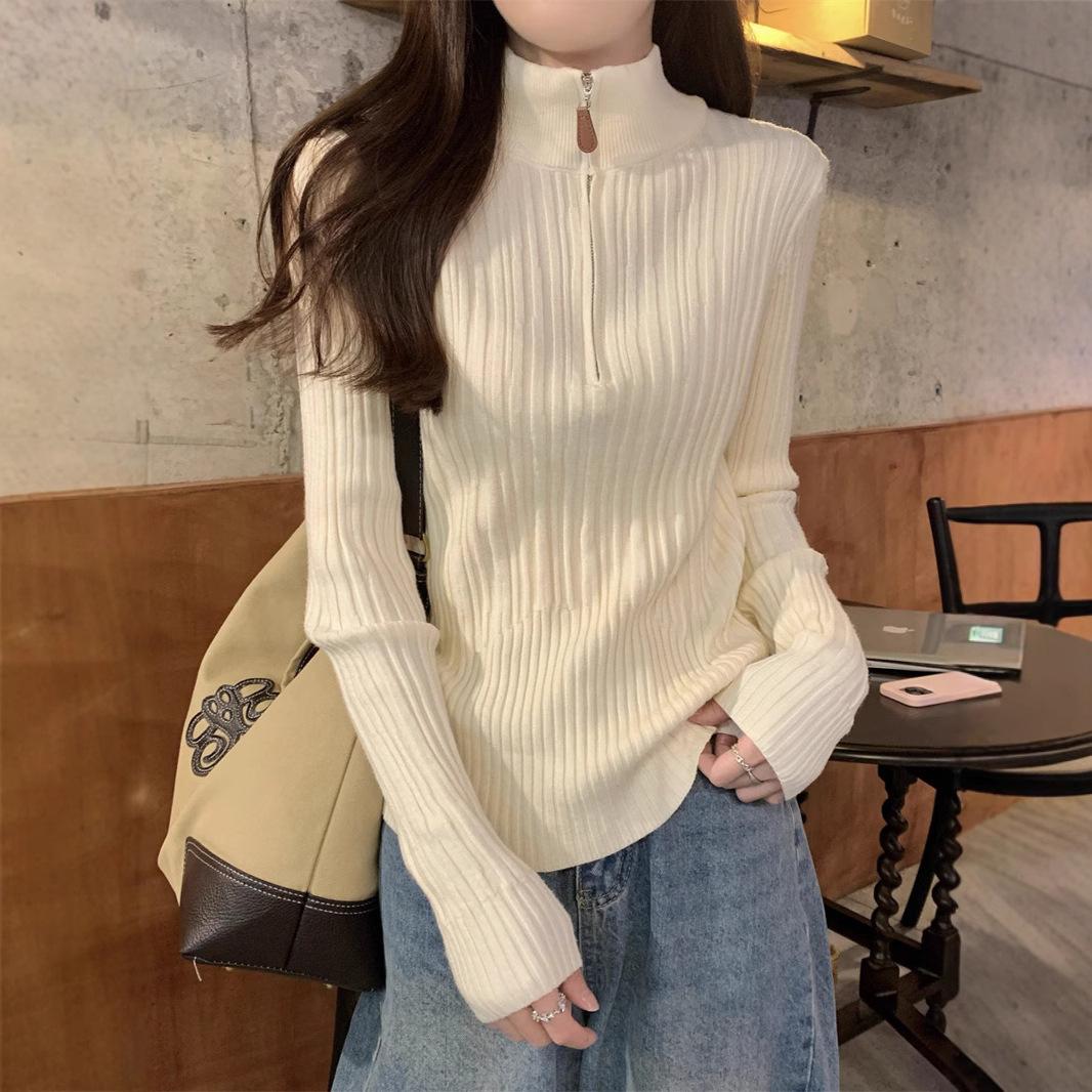 

Весна Корейский Элегантный Трикотажный Топ в Рубчик Слим Универсальный на Молнии с Длинным Рукавом Базовый Слой Женская Мода One Size абрикосовый