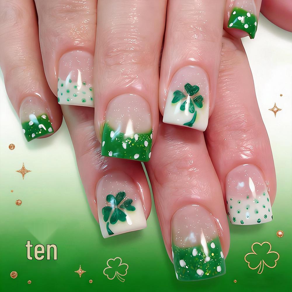 St. Patrick s Day Green Clover French Style Wearable Nails - 24 Detachable False Nails